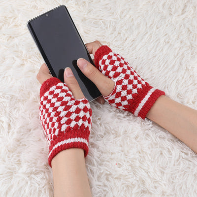Women Winter Palm Warmer Rhombic Ribbed Thumbhole Knitted Fingerless Gloves