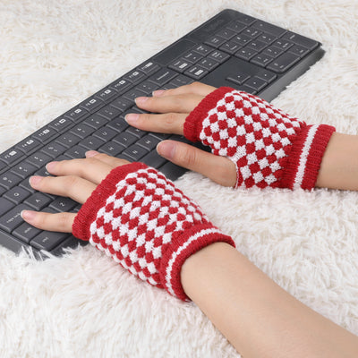Women Winter Palm Warmer Rhombic Ribbed Thumbhole Knitted Fingerless Gloves