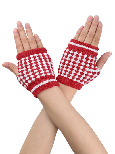 Allegra K Women Winter Palm Warmer Rhombic Ribbed Thumbhole Knitted Fingerless Gloves