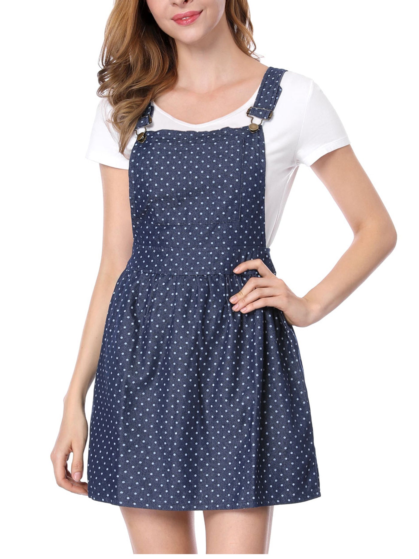Allegra K Printed Adjustable Straps Mini Chambray Overall Pinafore Dress