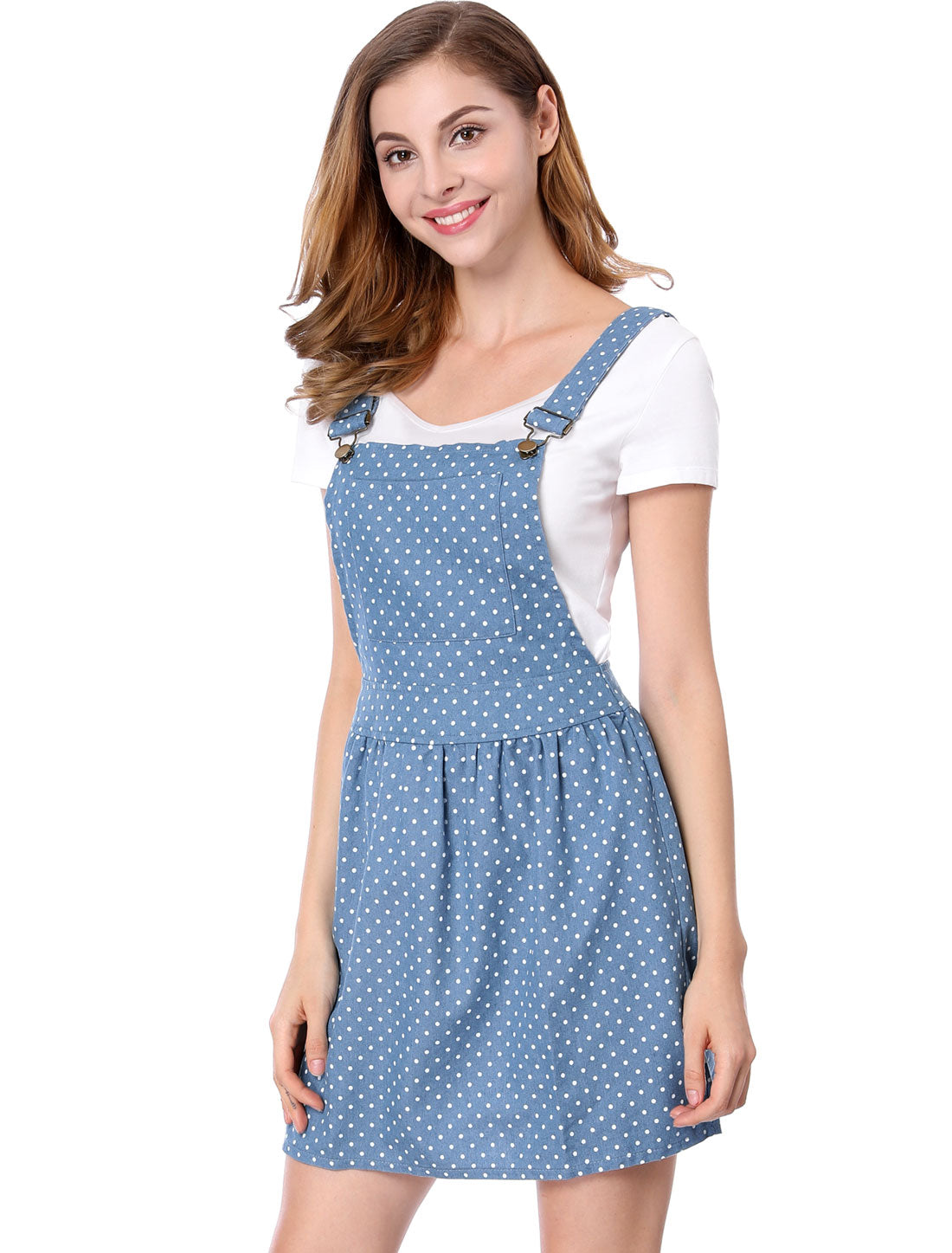 Allegra K Printed Adjustable Straps Mini Chambray Overall Pinafore Dress