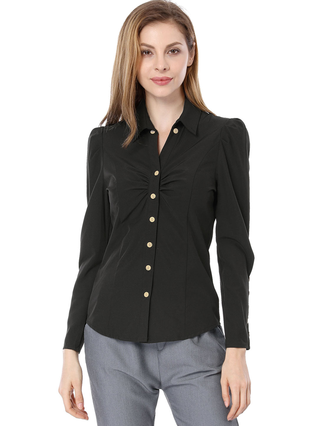 Allegra K Button Down Long Sleeve Casual Office Work Ruched Shirt