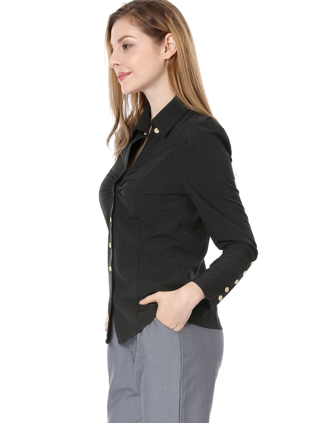 Allegra K Button Down Long Sleeve Casual Office Work Ruched Shirt