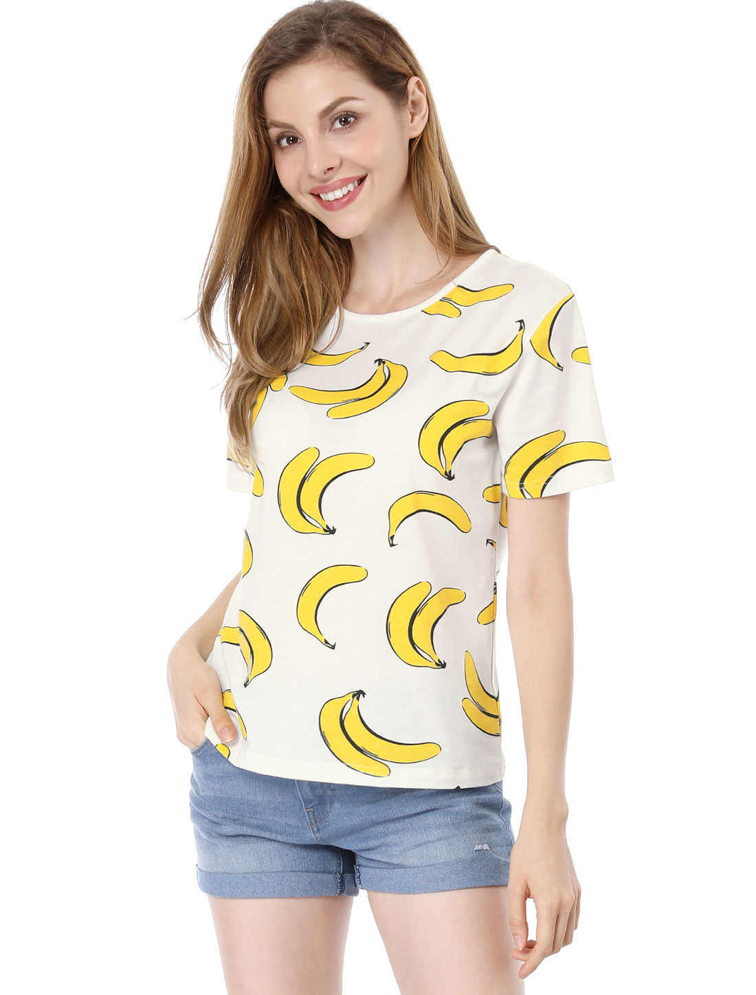 Allegra K Summer Fruit Print Top Round Neck Short Sleeve Cute T-Shirt