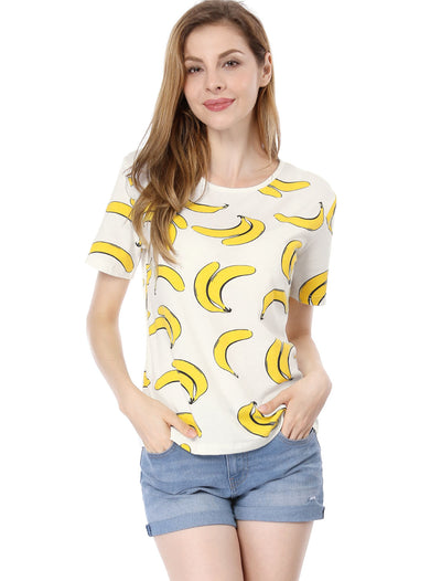 Summer Fruit Print Top Round Neck Short Sleeve Cute T-Shirt
