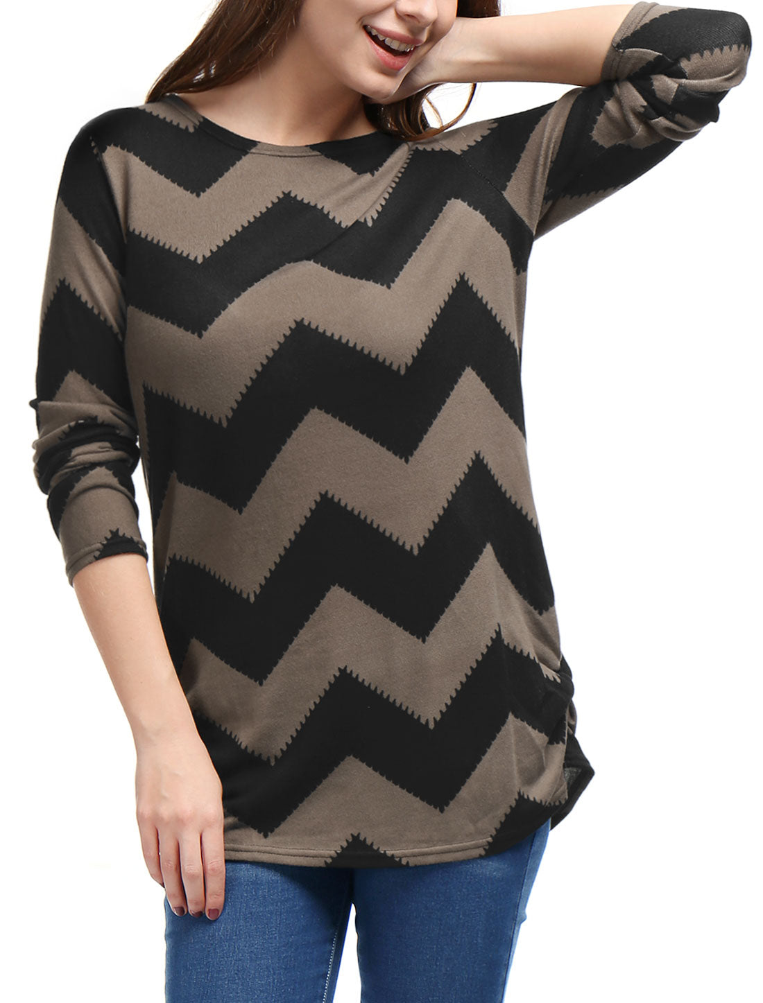 Allegra K Round Neck Contrast Color Knitted Shirt Long Sleeve Sweater Tops