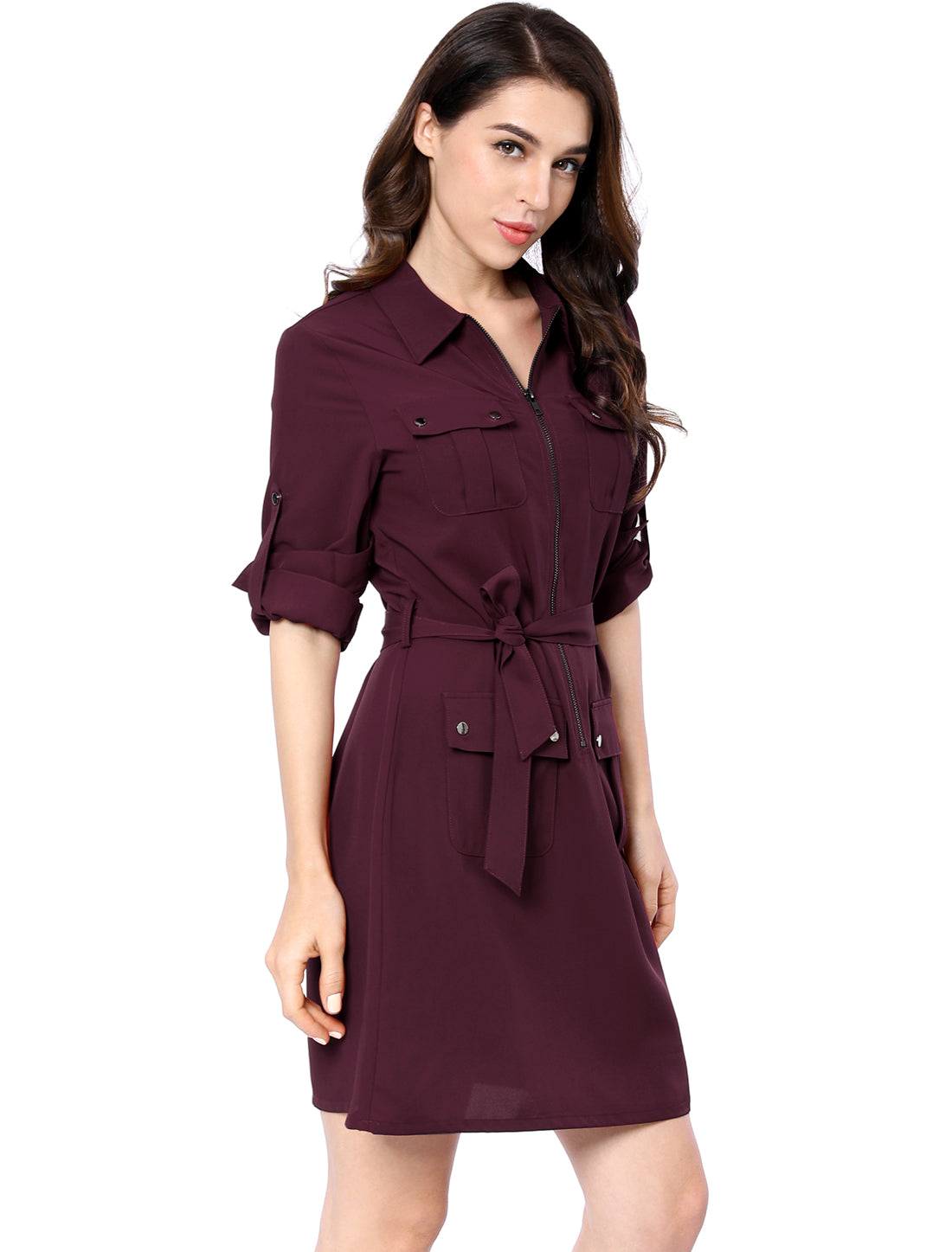 Allegra K Roll Up Sleeve Multi-Pocket Safari Belted Collared Shirt Dress