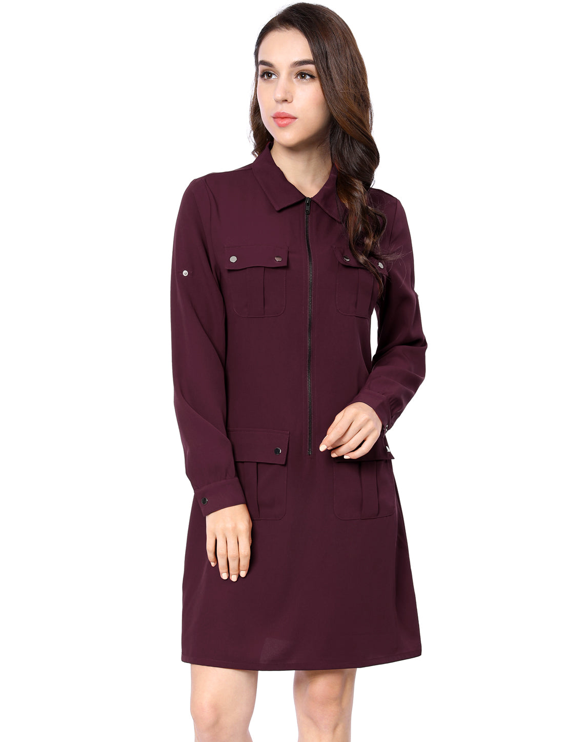 Allegra K Roll Up Sleeve Multi-Pocket Safari Belted Collared Shirt Dress