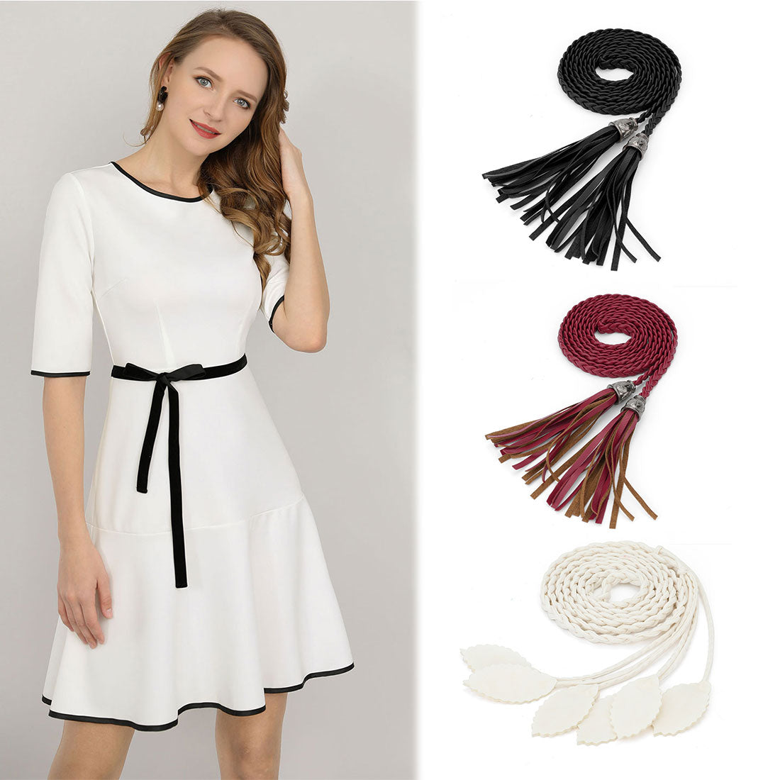 Allegra K Tassel Braided Skinny Woven Waist Belts for Skirt Dress