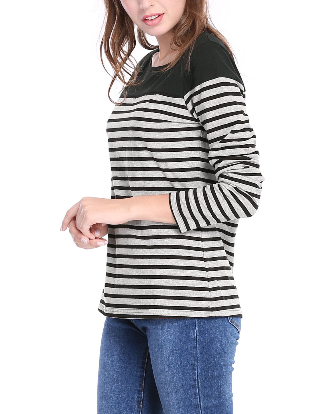 Allegra K Color Block Long Sleeve Round Neck Striped T-Shirt