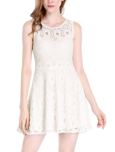 Floral Lace Sleeveless Crew Neck Flare A-Line Mini Dress