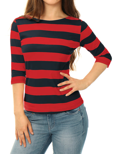 Striped Elbow Sleeve Casual Basic Boat Neck T-shirt