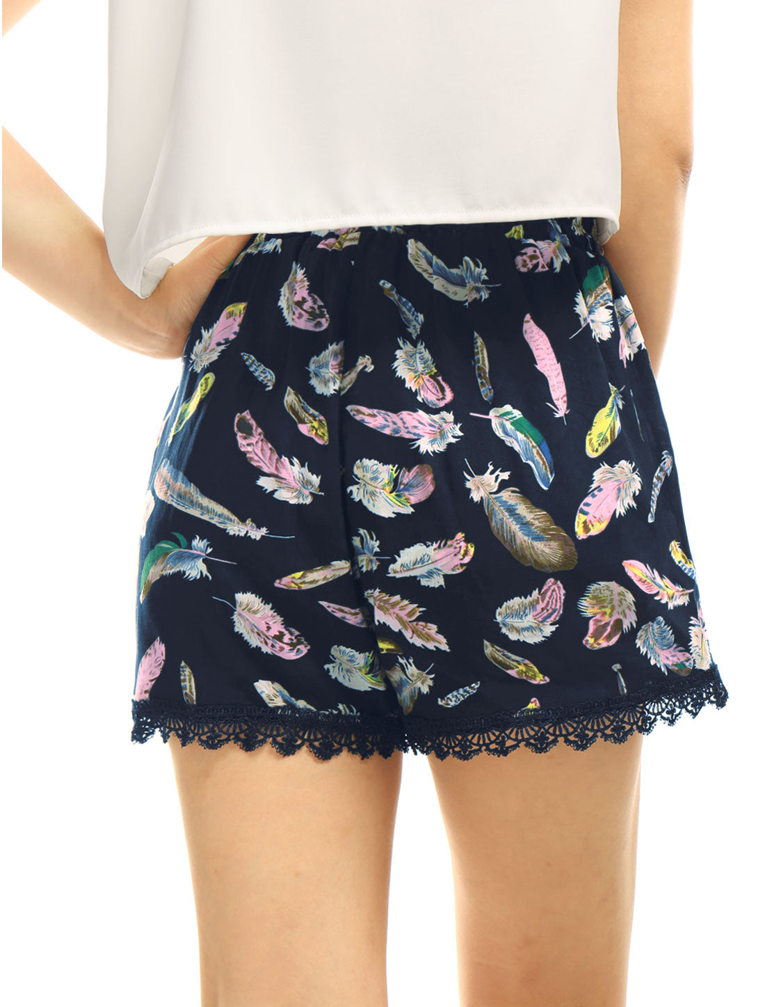 Allegra K Women's Summer Shorts Floral Printed Lace Trim Elastic Waist Beach Shorts