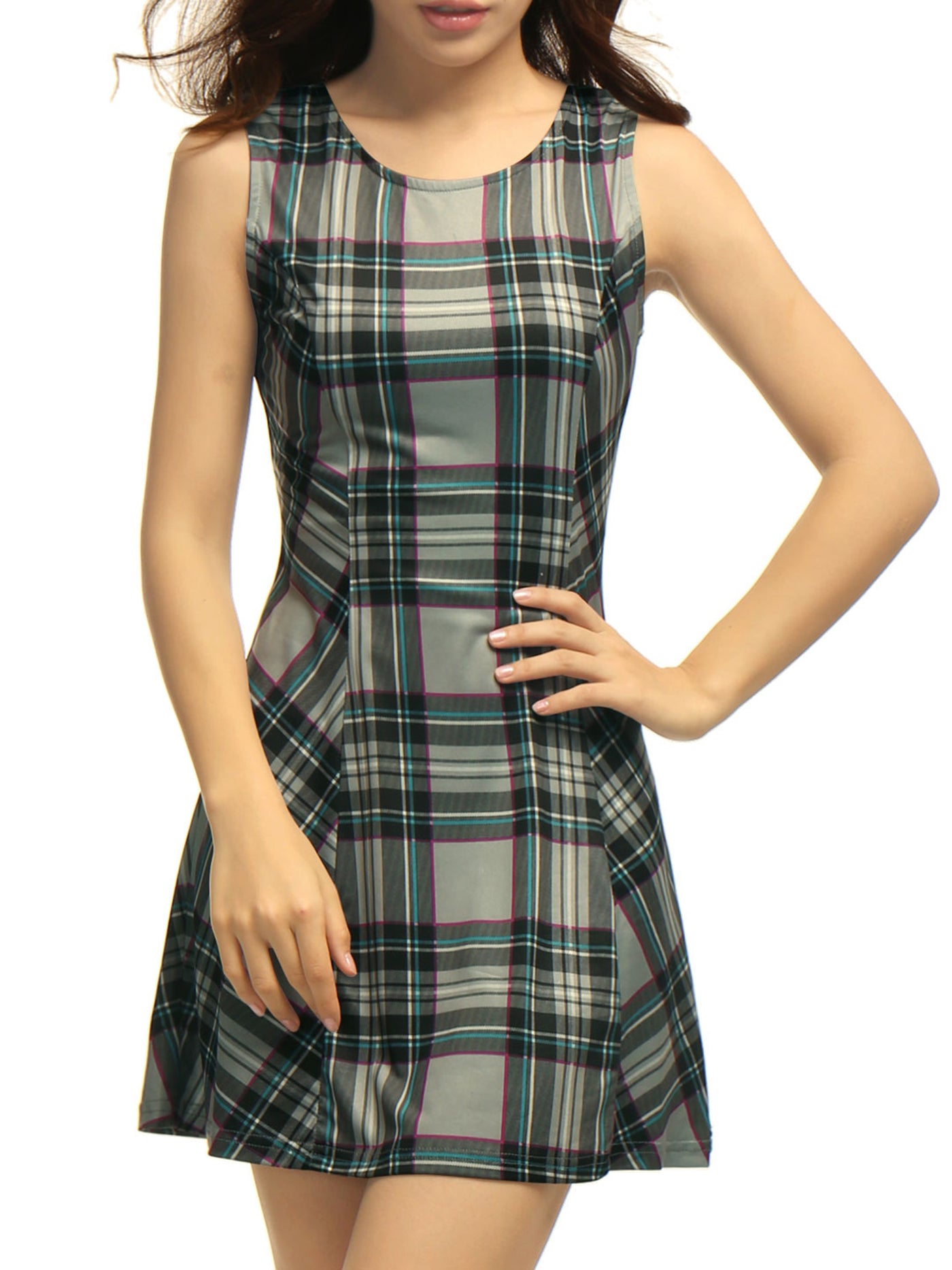 Allegra K Classic Sleeveless Mini A-Line Fit and Flare Plaid Dress