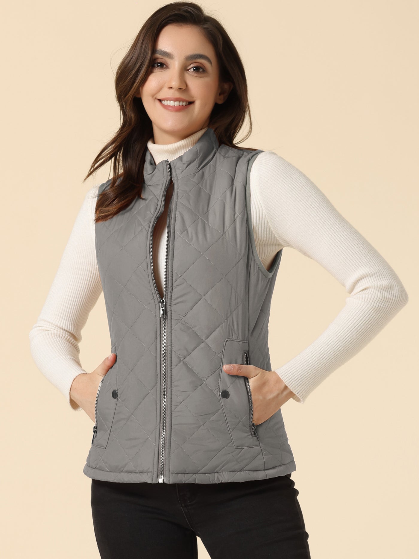 Allegra K Stand Collar Lightweight Gilet Quilted Zipper Vest