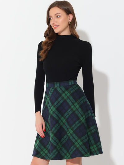 Vintage Plaid Tartan Elastic Waist Knee Length A-Line Skirt