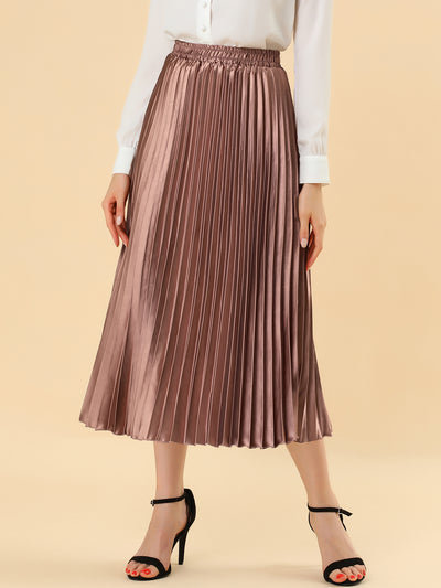 Elastic Waist Metallic Shiny Accordion Pleated Midi Skirt