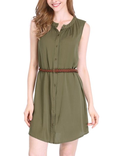 Sleeveless Button Down Crew Neck Above Knee Belted Vintage Shirtdress