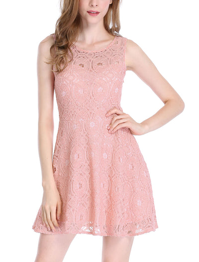 Floral Lace Sleeveless Crew Neck Flare A-Line Mini Dress