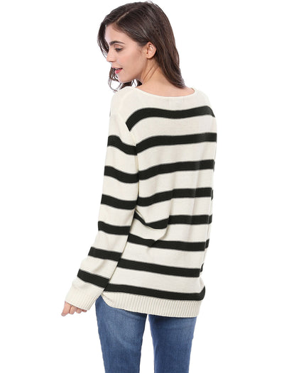 Round Neck Drop Shoulder Color Block Tunic Striped Sweater