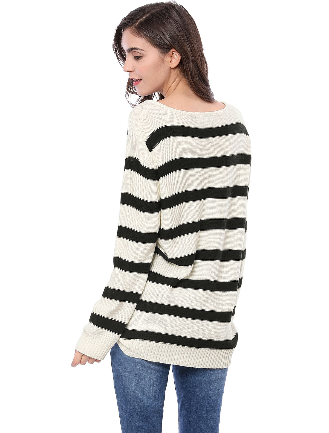 Allegra K Round Neck Drop Shoulder Color Block Tunic Striped Sweater