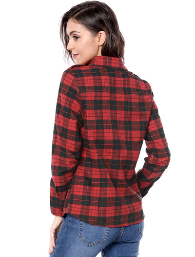 Roll Up Long Sleeve Christmas Button Down Plaid Flannel Shirt Top