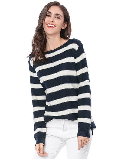 Round Neck Drop Shoulder Color Block Tunic Striped Sweater
