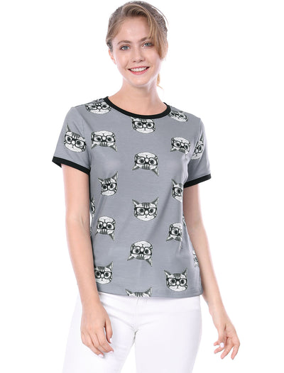 Cat Contrast Cartoon Pet Print Tee Ringer Casual Summer T-shirt Tops