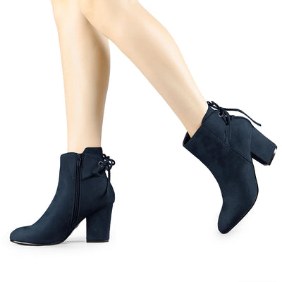 Round Toe Block Heel Zipper Lace Up Ankle Boots