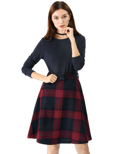 Plaid A-Lined Long Sleeve Round Neck Belted Party Dress