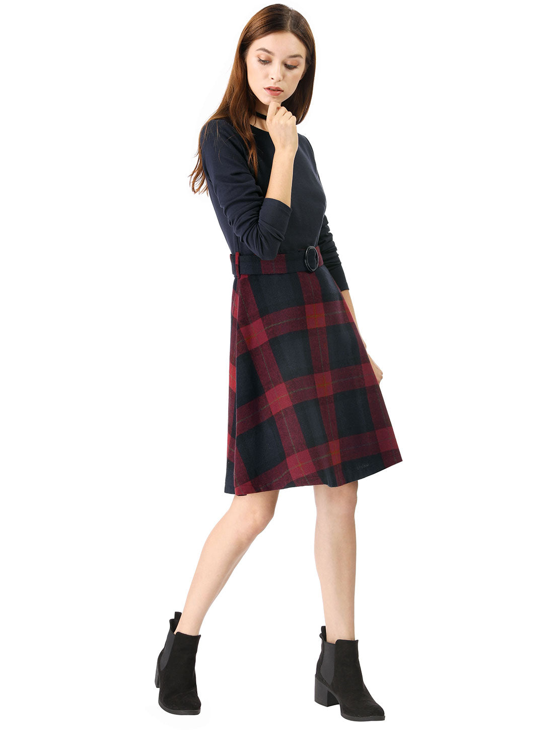 Allegra K Plaid A-Lined Long Sleeve Round Neck Belted Party Dress