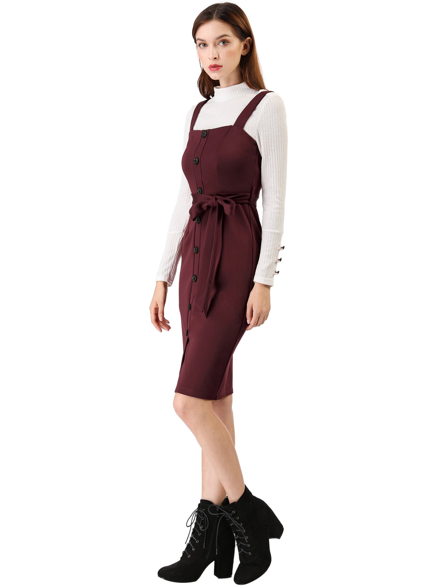 Allegra K Classic Button Front Sleeveless Tie Waist Pinafore Overall Dress
