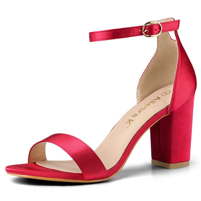 Satin Open Toe Ankle Strap Chunky Heel Sandals