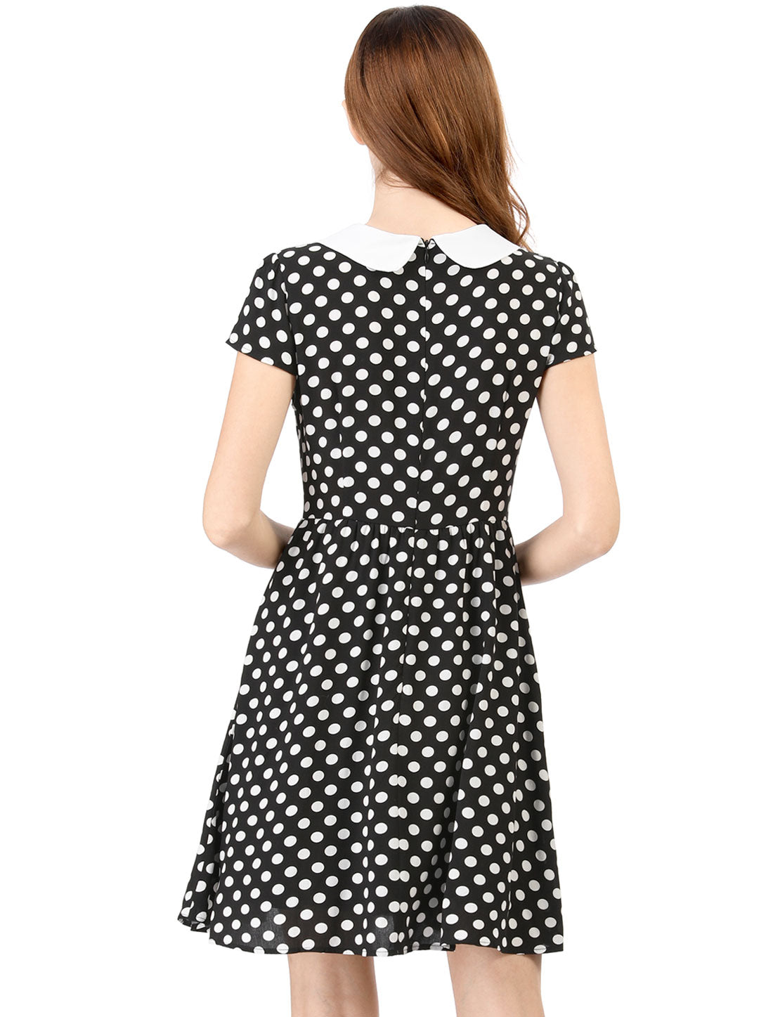 Allegra K Peter Pan Collar Short Sleeve Contrast A-Line Polka Dots Dress