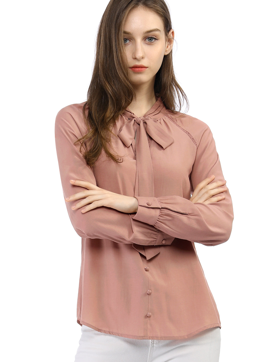 Allegra K Office Long Sleeve Button Decor Elegant Bow Tie Neck Blouse