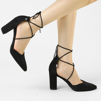 Pointed Toe Chunky Heel Lace Up Sandals Pumps
