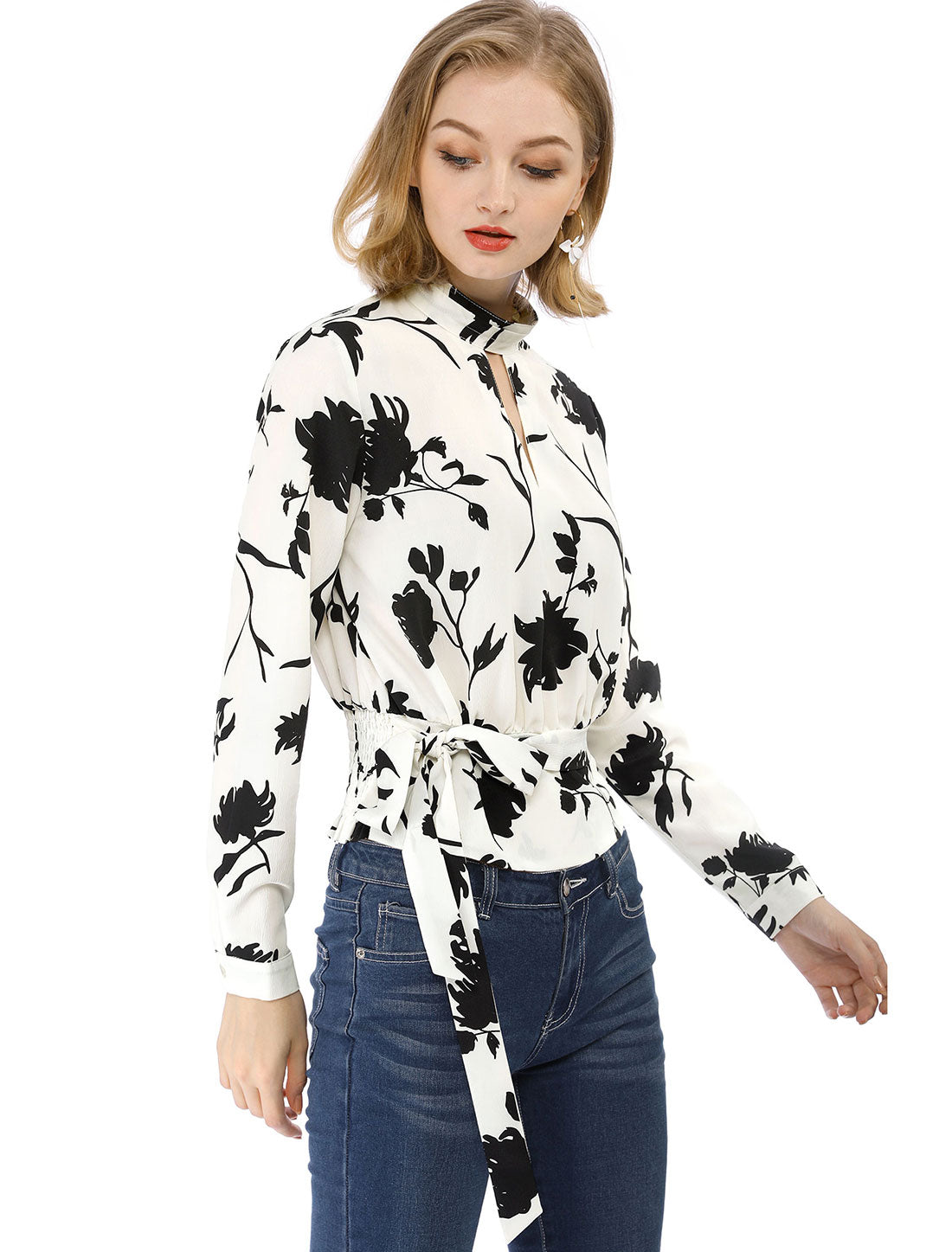 Allegra K Stand Collar Long Sleeve Tie Smocked Waist Cropped Floral Blouse