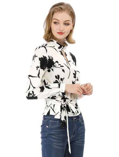 Stand Collar Long Sleeve Tie Smocked Waist Cropped Floral Blouse