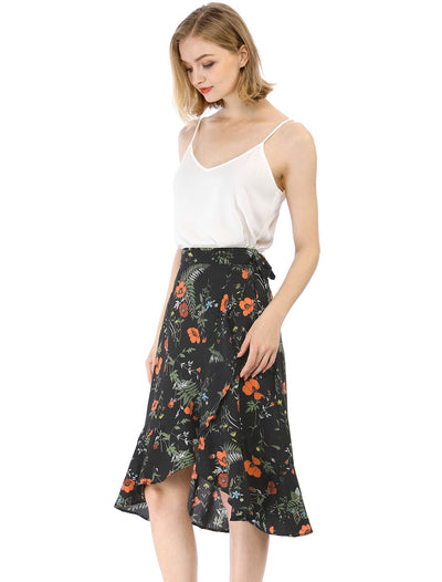 Floral Printed Self Tie Knot High-Low Ruffle Hem Wrap Skirt