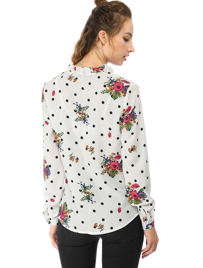 Ruffled Tie Neck Long Sleeve Floral Polka Dots Blouse Tops