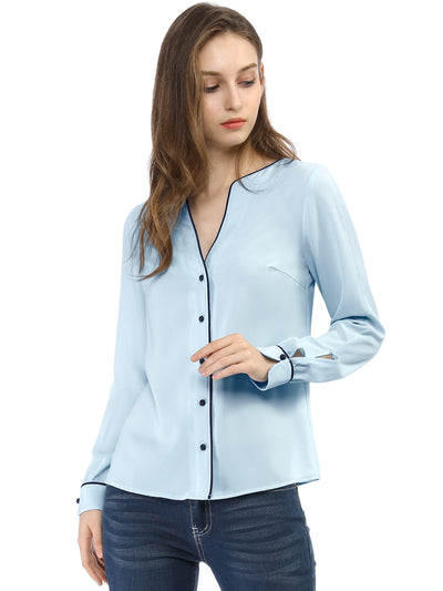 V Neck Long Sleeve Contrast Color Piped Button Up Chiffon Blouse