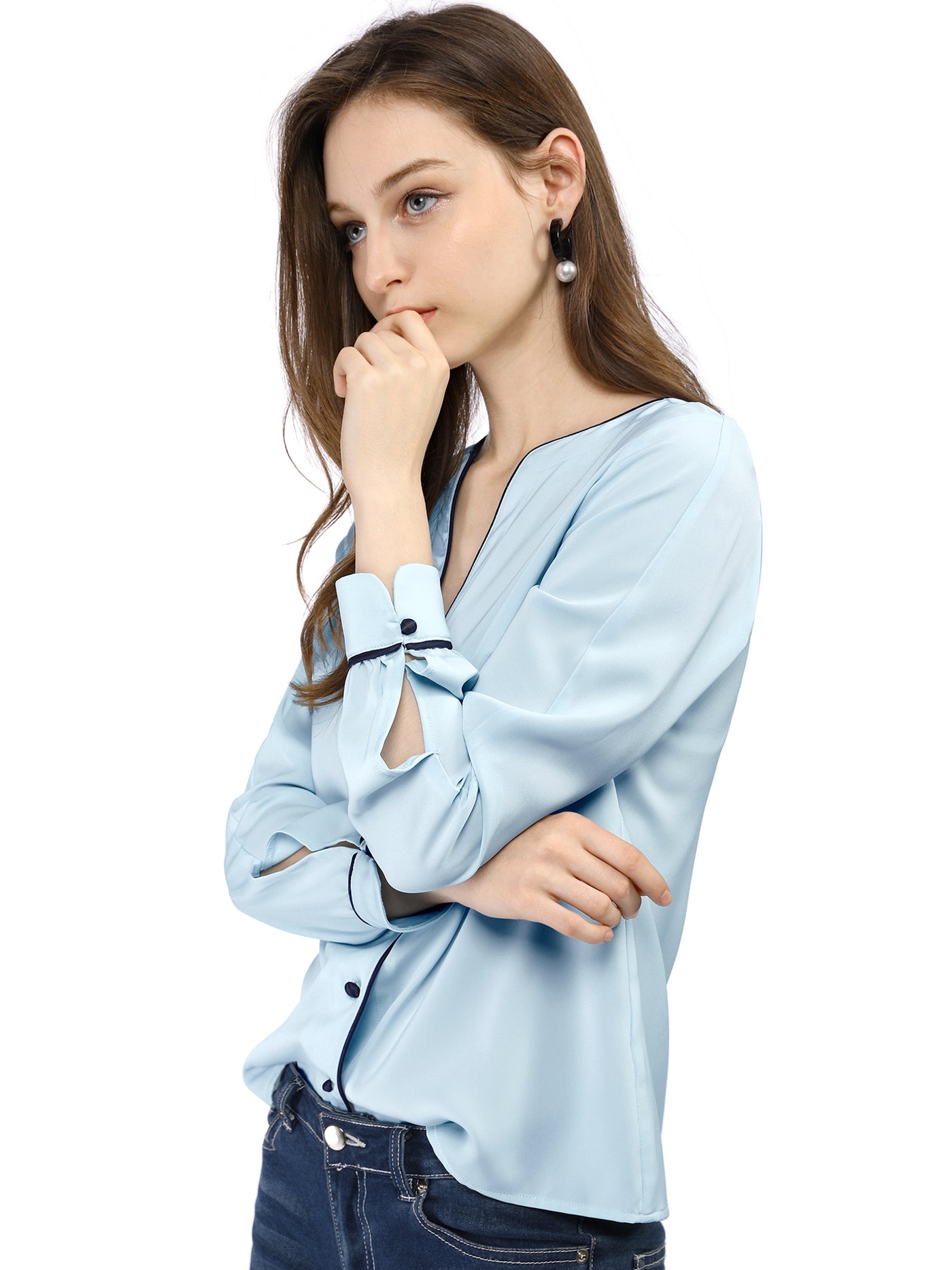 Allegra K V Neck Long Sleeve Contrast Color Piped Button Up Chiffon Blouse