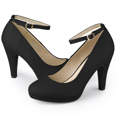 Round Toe Stiletto Heel Ankle Strap PU Leather Pumps