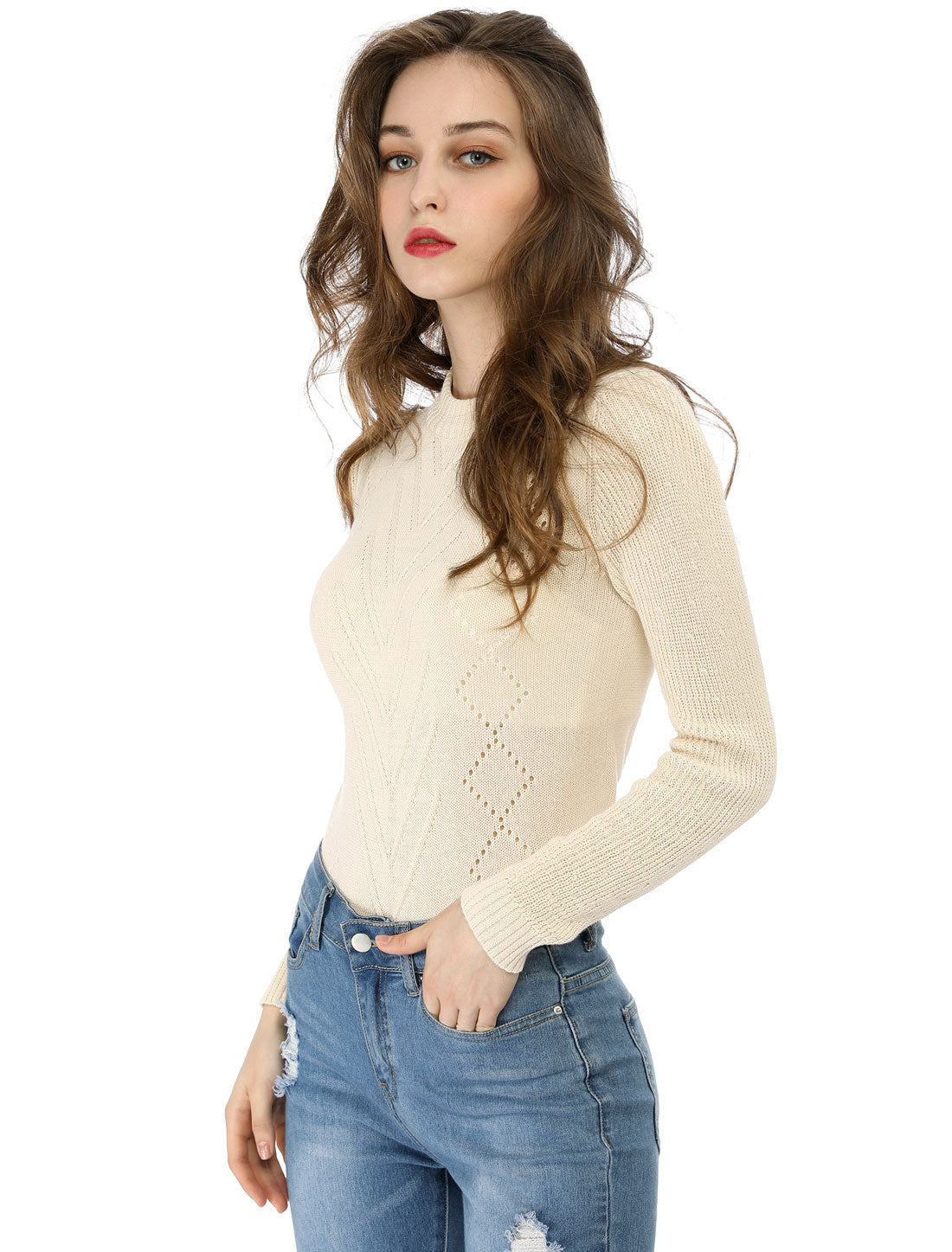 Allegra K Crew Neck Pointelle Hollow Sweater Slim Fit Cropped Knitted Top