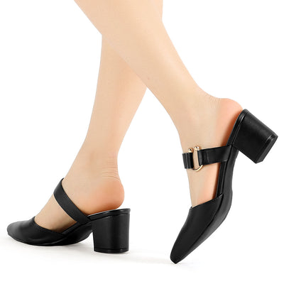 Pointed Toe Chunky Heel Dress Mules Pumps