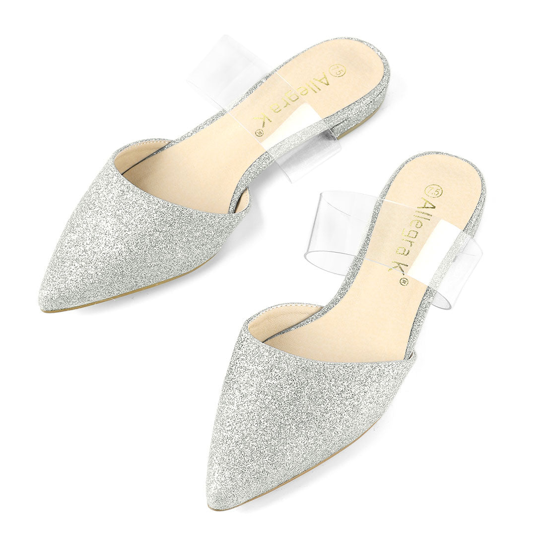 Allegra K Pointed Toe Glitter PVC Ankle Clear Strap Flat Mules