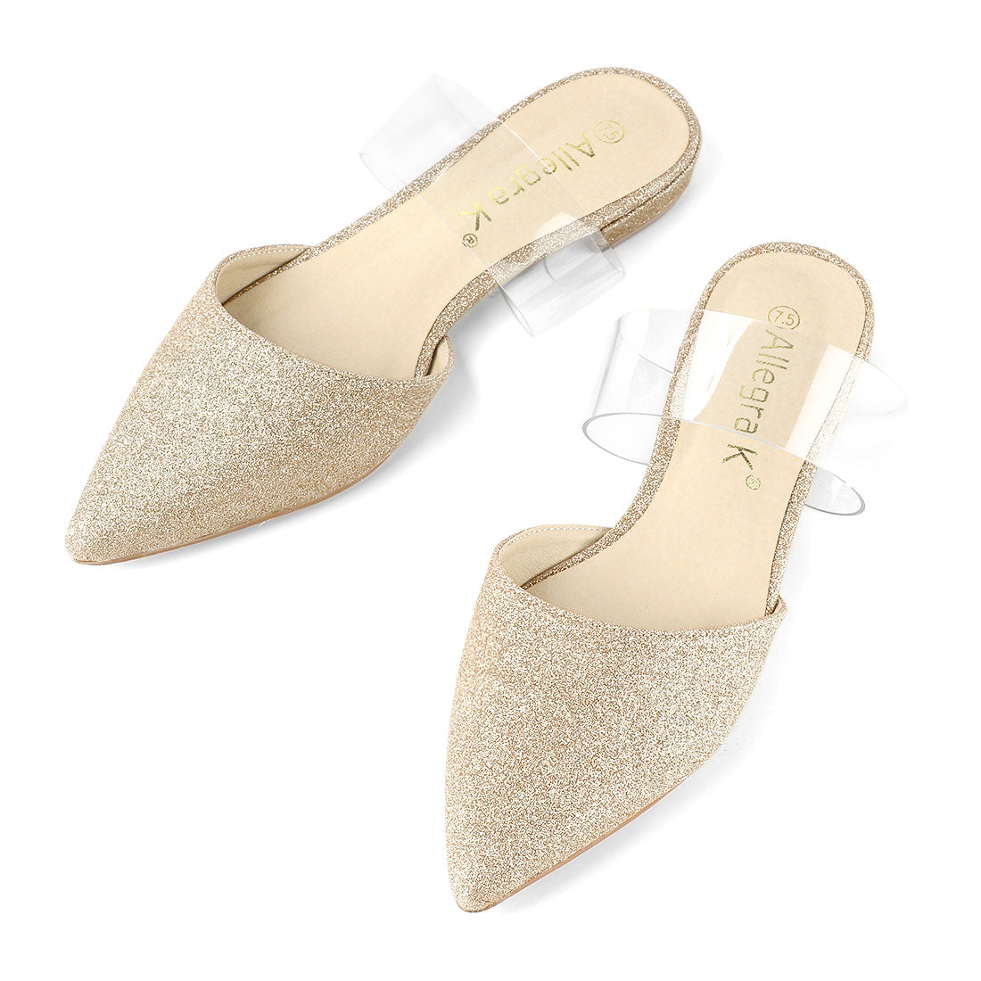 Allegra K Pointed Toe Glitter PVC Ankle Clear Strap Flat Mules