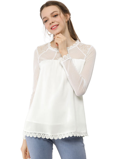 Lace Mesh Long Sleeve Top Round Neck Casual Elegant Blouse