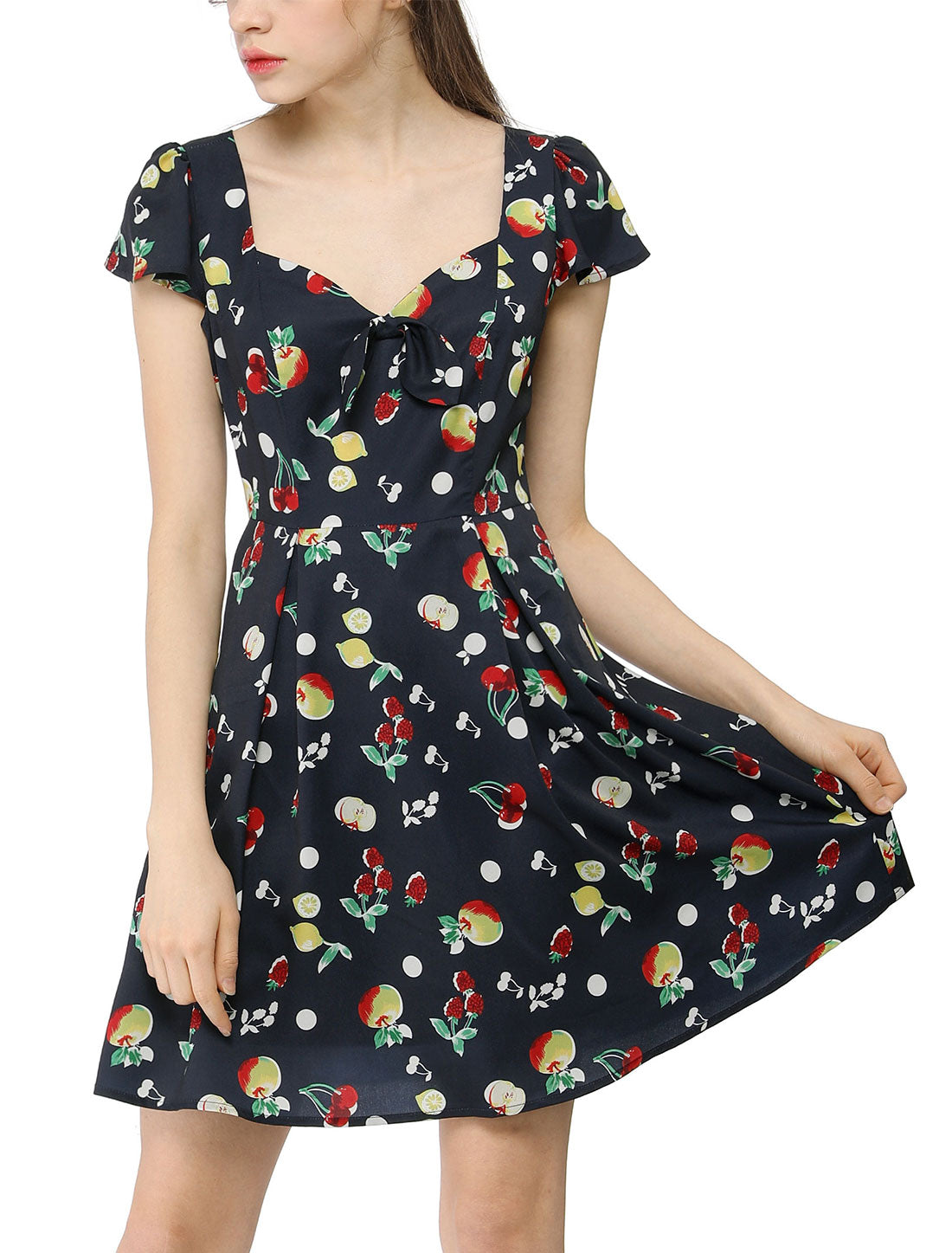 Allegra K Retro Sweetheart Neck Cap Sleeves A-Line Cherry Fruit Floral Dress