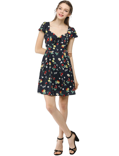 Retro Sweetheart Neck Cap Sleeves A-Line Cherry Fruit Floral Dress